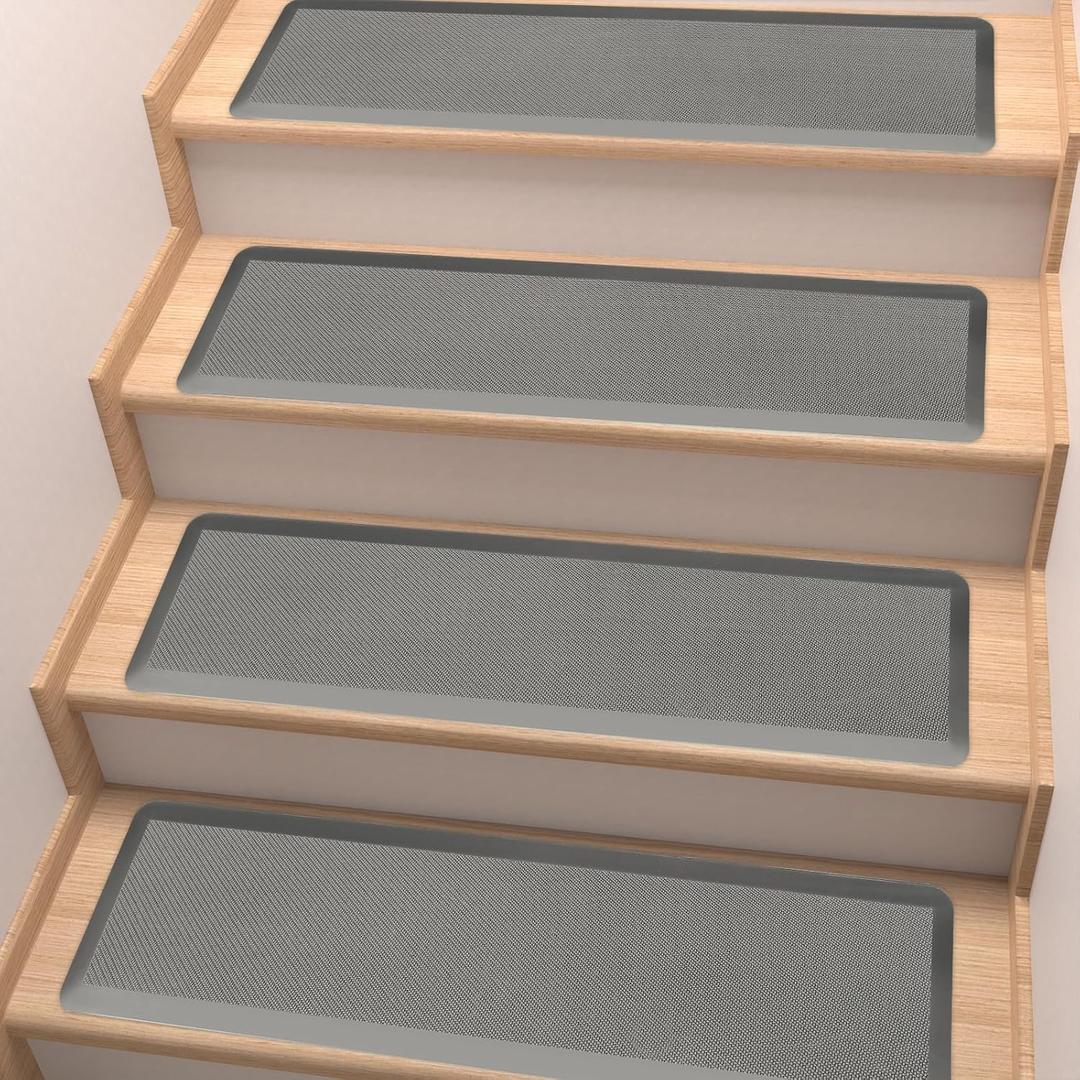 PURE ERA Cushioned Stair Mat, 8 x 30 Inch Non-Slip Stair Treads, Staircase Step Treads Foam Stair Pads, Tape Free Durable Stair Treads for Wooden Steps Washable, Easy to Clean (12 Pieces, Light Gray)