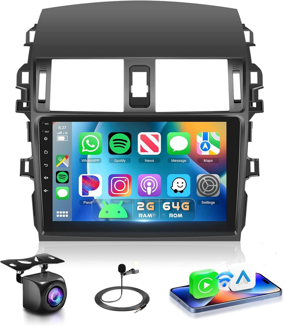 Podofo 2G 64G Radio for Toyota Corolla 2009-2013 Car Stereo with Wireless Carplay Android Auto MirrorLink 9inch 1080P HD IPS Touch Screen 5.0 Bluetooth FM RDS GPS 28UIs WiFi AHD Backup Camera