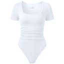 OQQ Women Bodysuits Ruched Short Sleeve Square Neck Stretch Lounge Travel Bodysuits White, M