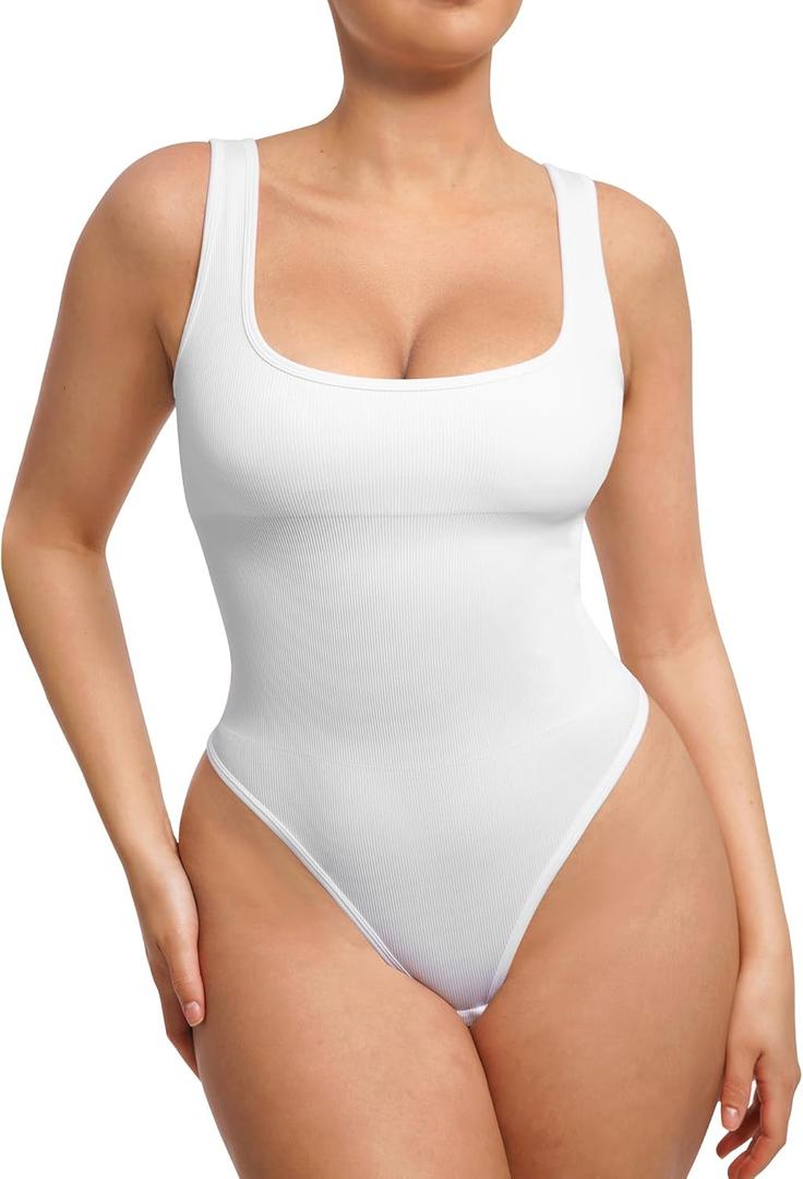 FeelinGirl Tummy Control Bodysuit Square Neck Thong Bodysuits Seamless Backless Ribbed Going Out Tank Tops (Medium-Large, White)