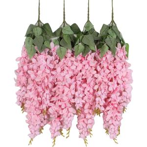 Duovlo Silk Wisteria Flower Artificial 2.13 Feet Hanging Wisteria Vine Fake Flower Bush String Home Party Wedding Decoration,Pack of 4 (Pink)