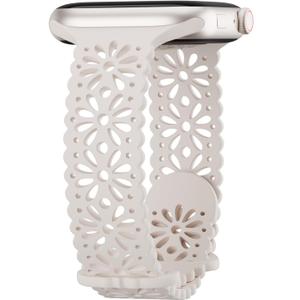 Slim Lace Hollow-out Silicone Bands Compatible with Apple watch Band for Women 38mm 40mm 41mm 42mm 44mm 45mm 46mm 49mm, Soft Thin Floral Engraved Strap for iWatch Series 11 10 9 8 7 6 5 4 3 SE Ultra (Starlight)