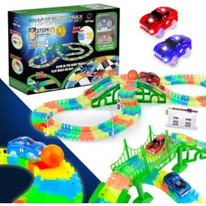 USA Toyz Glow Trax Glow in the Dark Race Tracks for Kids- Speedway Race Car Track Set with 360pk Flexible Roads, 2 Light Up Toy Cars, Bridges, Ramps, Play Set STEM Building Toys for Boys and Girls