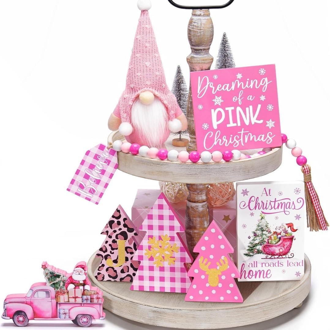 Pink Christmas Tiered Tray Decor 8 PCS Xmas Decorations Indoor - Believe Christmas Wooden Signs & Pink Xmas Gnome Plush Set - Table Decor Tier for Home Kitchen Mantel