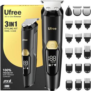 Ufree 3-in-1 Beard Trimmer Kit, Men's Electric Shaver Razor for Mustache Body Nose Facial Hair, Professional Hair Trimmer, Rechargeable Clippers, Waterproof Beard Grooming, Birthday Gifts for Men (Black)