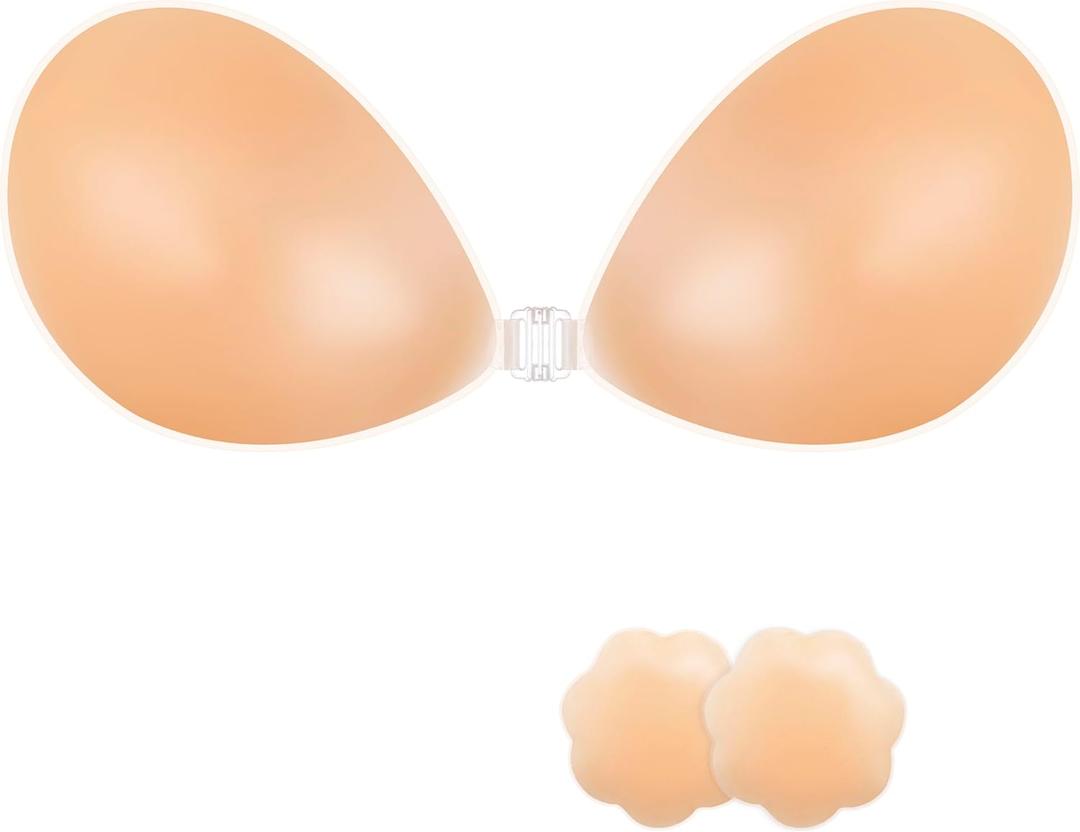 NONIO Adhesive Bra Strapless Sticky Invisible Push up Reusable Silicone The Best Off Backless Viscous for Women (US, Cup Band, F, Nude)