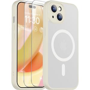 SPIDERCASE for iPhone 15 Case, Magnetic Translucent Matte Case with 2PCS Tempered Glass Screen Protector Slim Phone Case for iPhone 15 6.1'', Antique White
