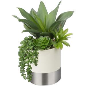 Hollyone Large Artificial Succulents Plants Faux Succulents 12" Fake Succulent Plants in Sliver Ceramic Pot Succulent Plant for Desk Modern Home Living Room Office Table Shelf Decor