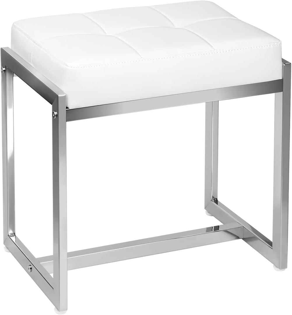 Vanity Stool, Vanity Chair Stools for Makeup Room, Faux Leather Small Makeup Bench, Modern Silver Metal Legs Ottoman Foot Rest for Bedroom Living Room, White & Silver