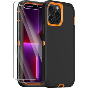 for iPhone 13 Pro Max Case with 2 Screen Protector,Shockproof Drop Protection Full Body Heavy Duty 3 Layer Military Rugged Durable Phone Cover for iPhone 13 Pro Max 6.7" (Black Orange)