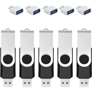 5 Pack 64GB USB Flash Drive with Type C Adapter and Storage Box USB 2.0 High Speed Metal Pen Drive 360° Rotatable Storage Memory Stick for Phone/Pad/PC/Laptop/Android - Black(5-Pack 64GB)