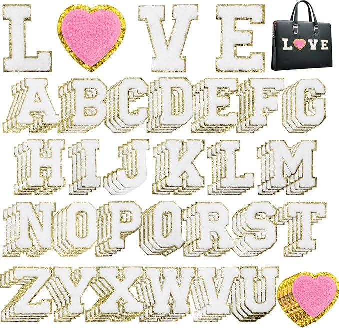 Acrebow 104 Pcs White Chenille Letter Patches & Extra 4 Heart Patches Self Adhesive Stickers Iron on Sew On Embroidered Applique Cute Varsity Glitter Stick On Alphabet for Clothing Hats Jeans Fabric