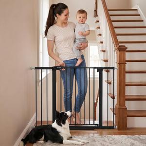 Mumeasy 29.6-46" Baby Gate for Stairs, Pressure Mounted Dog Gate for Doorways, Auto Close Pet Gate for Indoor Use, Extra Wide Child Gate with Walk Thru Door Black, Mom's Choice Awards Winner