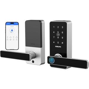 DESLOC B200L Fingerprint Smart Lock with Handle, Keyless Entry Door Locks for Front Door and Bedrooms, App Control, Touchscreen Keypad, Auto-Lock, 12-Month Battery, Emergency Power Port, IP54 Silver (152*63.5*30mm)