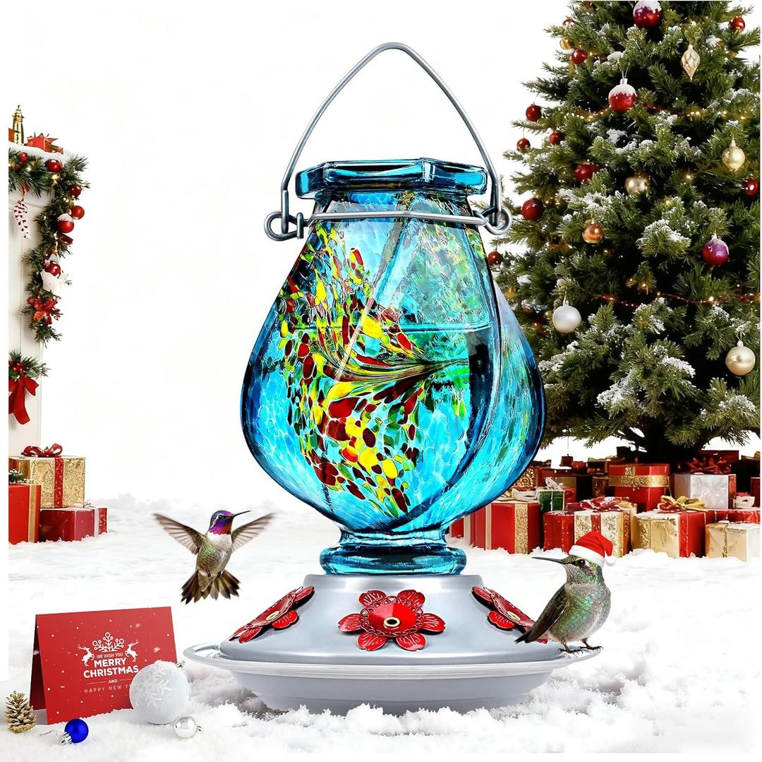 BOLITE Hummingbird Feeder, Hand Blown Glass Hummingbird Feeders for Outdoors Hanging, with Ant Moat and 5 Feeding Ports, 22 Ounces, Blue, Birthday Gifts for Women Men, Gifts for Mom Dad