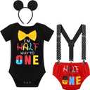 Baby Boy Half Way To One Birthday Cake Smash Outfit Romper+Diaper Cover+Suspenders+Headband 4pcs Set Photo Shoot (6-12 Months)