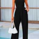 PRETTYGARDEN Womens Summer Jumpsuits Dressy Casual One Piece Outfits Sleeveless Mock Neck Wide Leg Pants Rompers with Pockets, L, Black