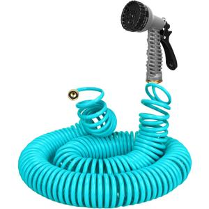 50 FT 3/8" Lightweight Coiled Garden Hose EVA Flexible with 7 Function Nozzles and Brass Connectors for Garden Watering Plants Greenhouses Patios, Lake Blue