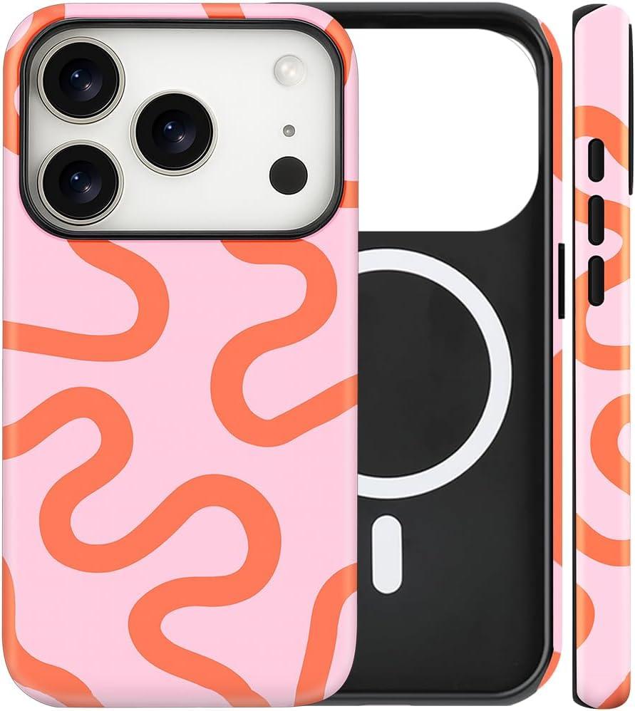 Magnetic for iPhone 17 Pro Case Cute Curved Stripes Phone Case, Shockproof Slim TPU and Hard PC Protective Phone Cover Compatible with MagSafe Designed for Women Girls,Pink