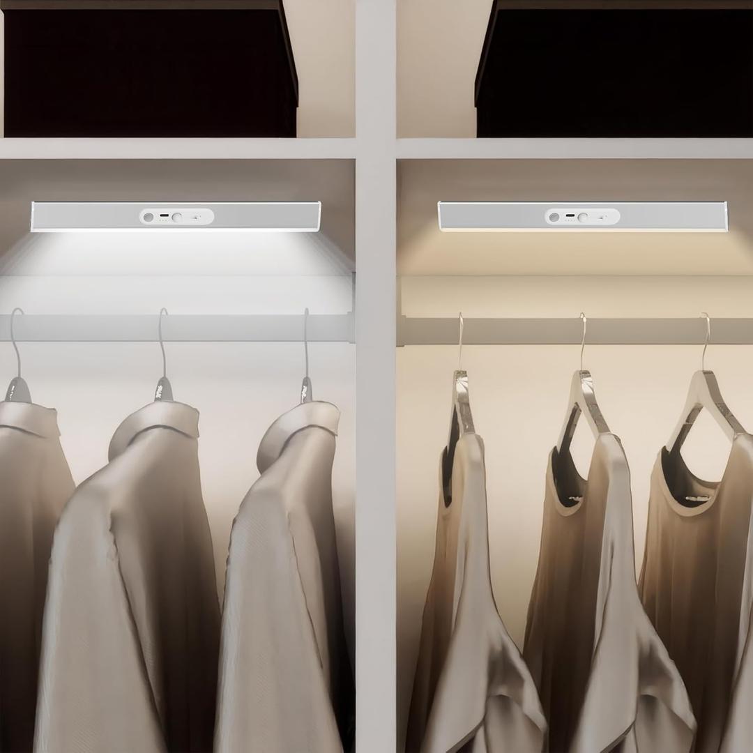 90 LED Closet Lights Motion Sensored with Eye-Protection Design, Rechargeable LED Wardrobe Lighting with Remote and Magnetic, 3000mAh Cabinet Light Battery Operated for Pantry Wardrobe, 18inch (45CM, 45CM-2 Pack)