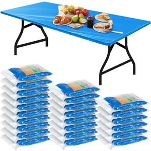 Boao 24 Pcs Summer Plastic Table Cloth Rectangle Picnic Table Covers Elastic Fitted Tablecloth, Disposable Waterproof for Camping, Indoor, Outdoor, Folding Tables (Blue, 6 Ft, 72 x 30 Inch)