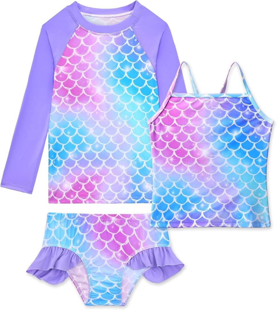 Girls Rash Guard Swimsuit 3 Pieces Long Sleeve UPF50+ Quick Dry Bathing Suit for Toddler 3-12Y (Purple)