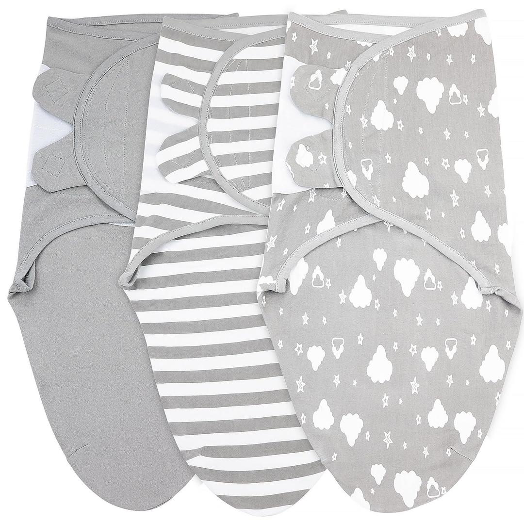 Swaddles for Newborns 3-Pack Infant Swaddles 3-6 Months Adjustable Swaddle Sleep Sack Soft Organic Cotton Baby Wrap for Safe & Cozy Sleep (White Grey)
