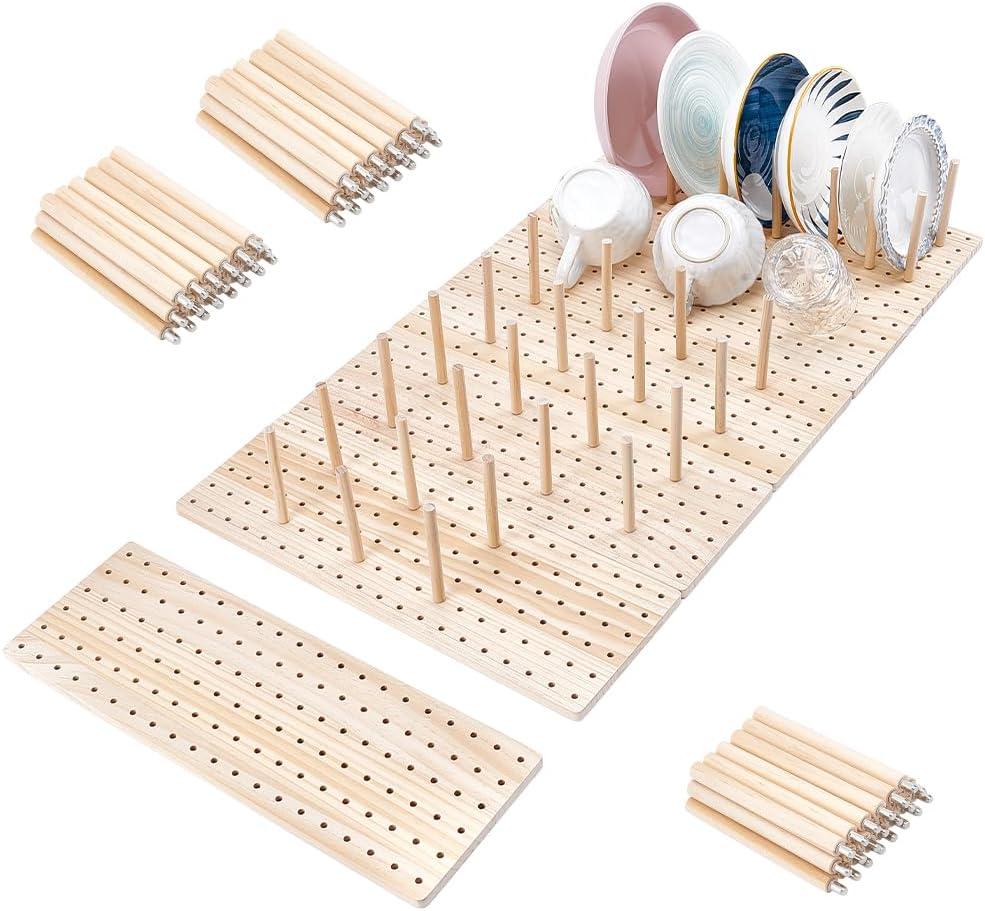 peacoblue 6 - Piece Wood Pegboard Drawer Organizer Set for Dishes - Kitchen Drawer Peg Organizer 40 Pegs & Screws Included - Organizing Kitchen Dishes, Plates Pegboard Food Containers(17x5.9inch)