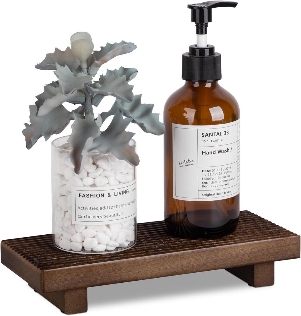 Bathroom Tray Farmhouse Decor Pedestal Stand Wood Riser Display Kitchen Accessories Soap Holder for Sink, Counter, Vanity, 8.7 * 3.6 Walnut