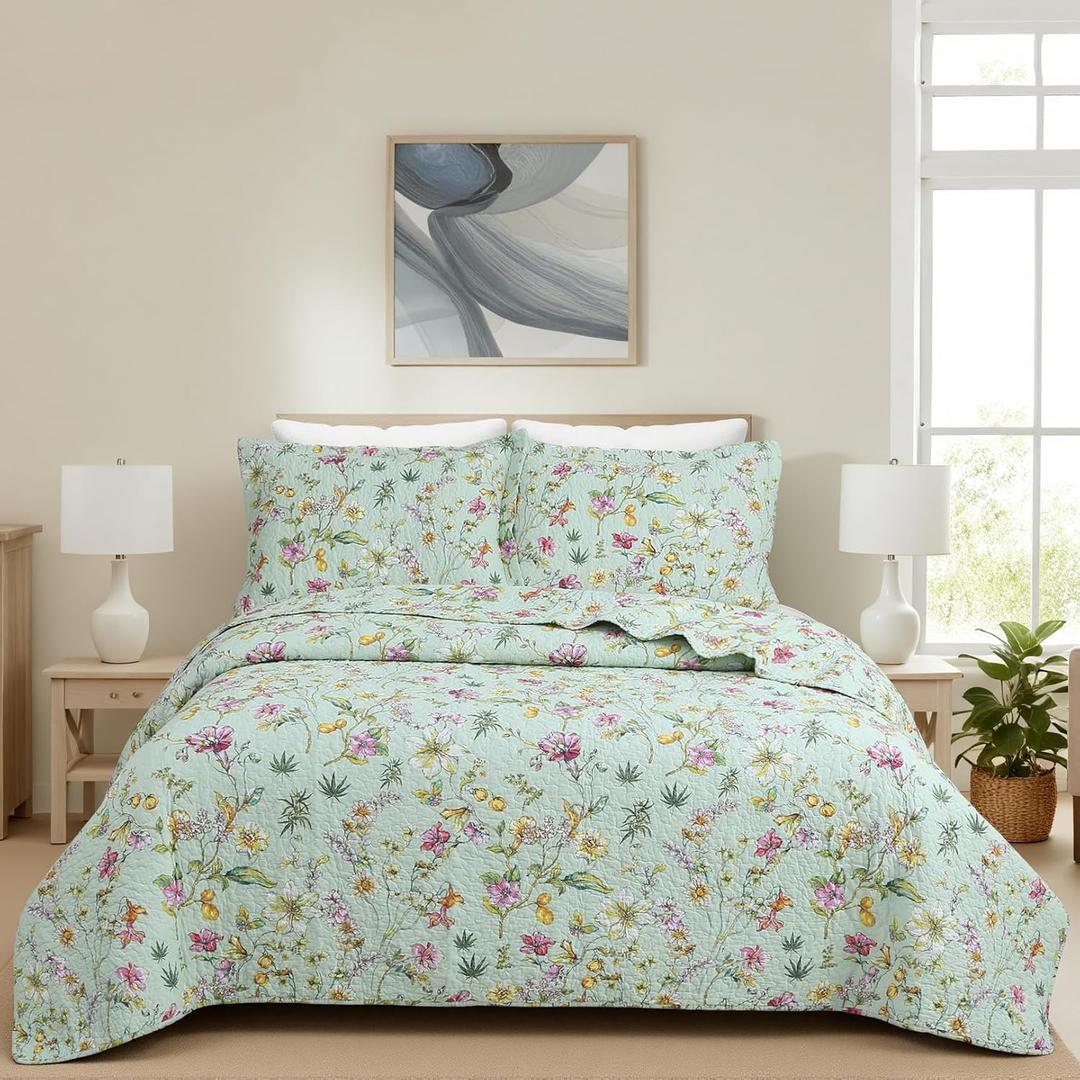 Quilt Queen Size 100% Cotton - Soft Lightweight Quilt Bedding Set, Floral Pattern Botanical Reversible Bedspread, Farmhouse Coverlet Set with 2 Pillow Shams for All Seasons, (90"x98") (Sage Green)