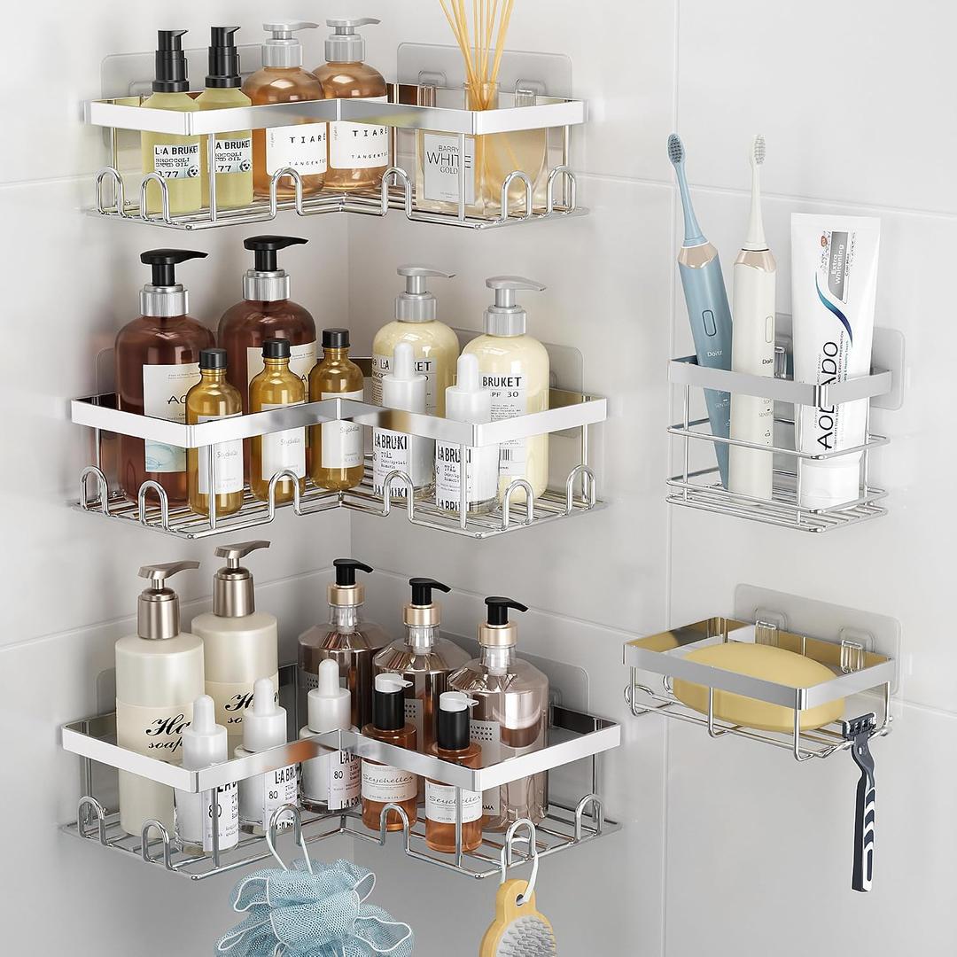 Liuoud Corner Shower Caddy 5 Pack, Rustproof Stainless Steel Shower Organizer with Soap Rack Toothbrush Holder, Large Capacity Adhesive No Drilling Bathroom Kitchen&Home Decor Set, Silver