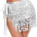 Ammiko Sequin Skirt Fringe Wrap Skirts Sparkly Belly Dance Hip Scarf Tassel Skirt Party Rave Costume for Women Girls, One Size