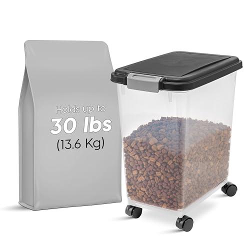 IRIS USA Airtight Dog Food Storage Container, Up to 30 lbs, Attachable Wheels, for Dog Cat Bird and other Pet Food Storage Bin, Keep Fresh, Easy Mobility, BPA Free, Black