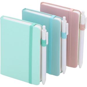 Thboxes 3 Pack Pocket Notebook Journals, 5.7" x 3.7" Hardcover Small Notepad College Ruled with Pen Holder, A6 Mini Notebook for Women Office School Work, Nurses Week Gifts, Blue, Purple, Green