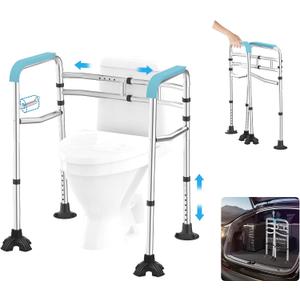 Upgraded Toilet Safety Rail, 380LB Stainless Steel Toilet Frame with Non-Slip Handles & Paper Holder, Adjustable Detachable Handicap Toilet Rails, Foldable Toilet Support Frame for Elderly