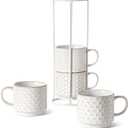 LE TAUCI Stackable Coffee Mugs Set with Stand, Ceramic Embossment Coffee Cups for Au Lait, Cappuccino,Latte,Cafe,Mocha,Tea, Suit For Housewarming Wedding - 12 oz, Set of 4,Arctic white