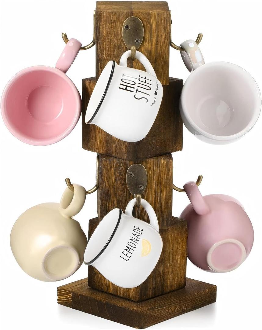 Coffee Mug Holder, Wood Coffee Cup Holder Rack for Counter, Mug Tree Stand with 8 Hooks for Kitchen, Bar