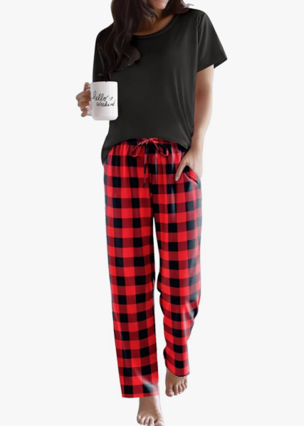 Pajama Sets for Women Round Neck Pjs Short Sleeve Sleepwear with Long Pants Loose Lounge Sets