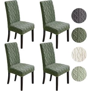Moukeren 4 Pcs Decorative Stretch Jacquard Dining Chair Cover Dustproof Boho Faux Fur Chair Cover Removable Washable Slipcover Protector for Bedroom, Living Room, Kitchen, Hotel, Banquet (Dark Green)