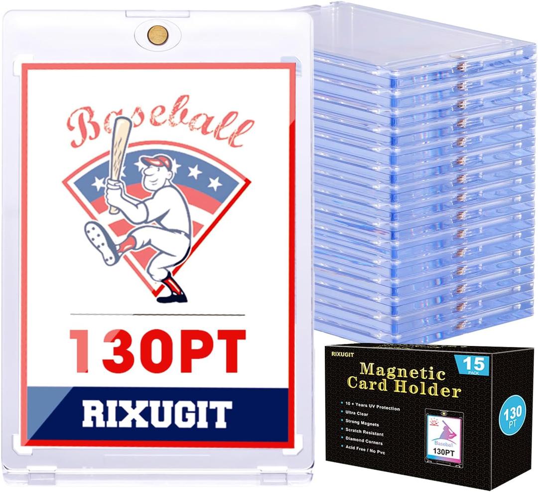 130pt Magnetic Card-Holders for Trading Cards - 15-Pack One Touch Card Case with Stronger Magnet, UV Protection Card Protectors Hard Plastic, Card Sleeves Display Case for Baseball Card Sports Cards