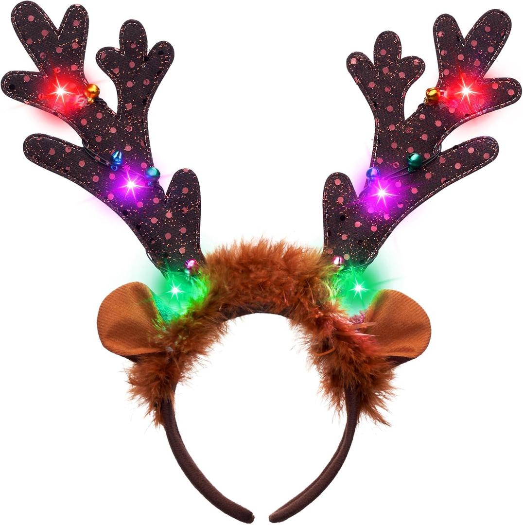 JOYIN 4 PCS Christmas Light Up Antler Headband, Long Antler Headband for Adult Kids Christmas Party Favor Supplies Xmas Accessories Holiday.