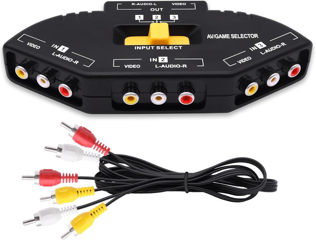 RCA AV Audio Video Switcher Splitter 3 Way Audio Video AV RCA Switch Game Selector Box Splitter 3 in 1 Out Composite Converter Switcher with AV Cable for Xbox DVD PS3 HDTV