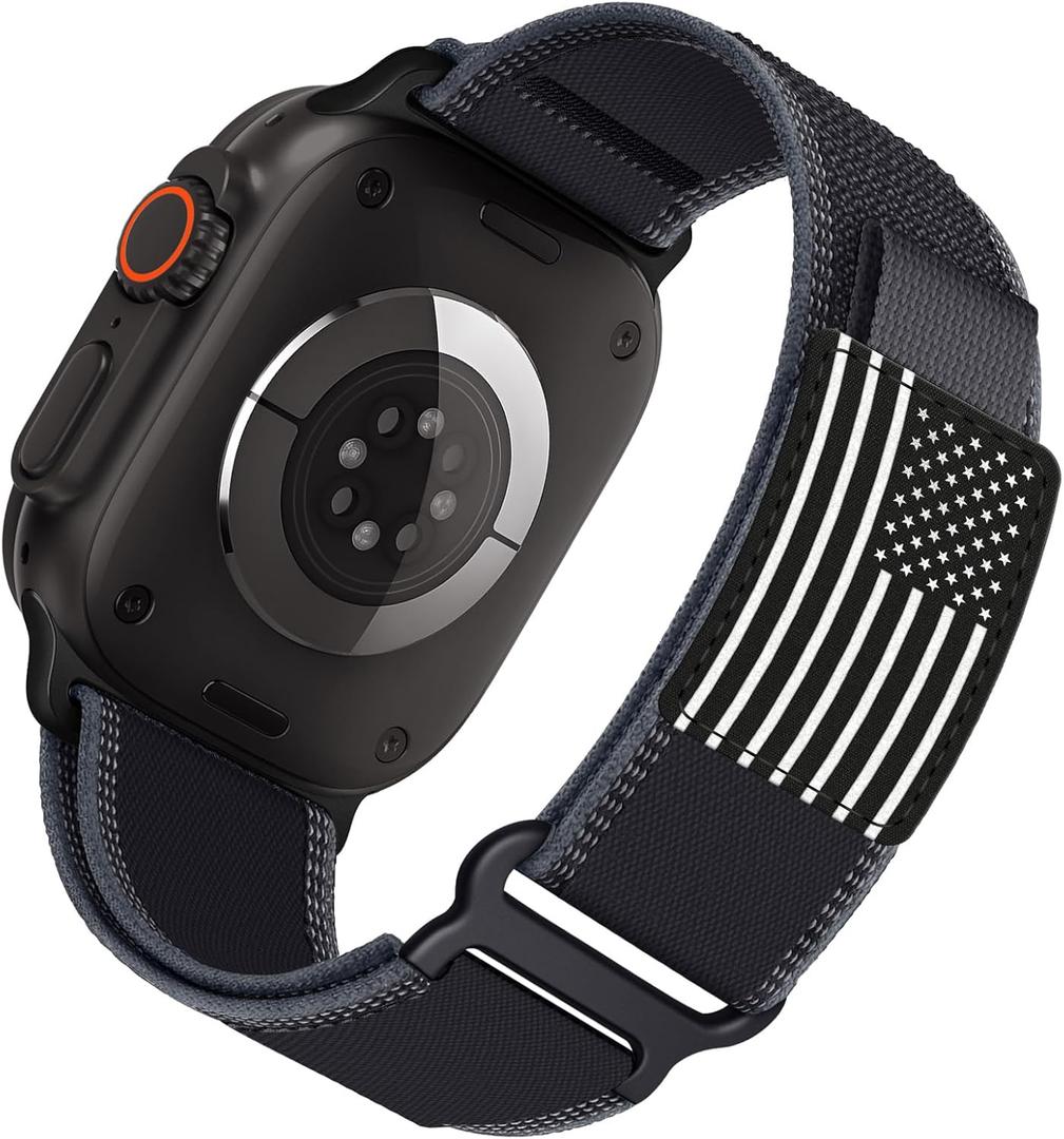 Trail Loop Nylon Band - Compatible with Apple Watch Ultra 3/2/1 Series 11/10/9/8/7/6/SE/5/4/3 Men Women,Rugged Elastic Fabric Sport Strap for iWatch Bands 49/46/45/44/42(s3/2/1)-ml (27-Black Reflective Flag)