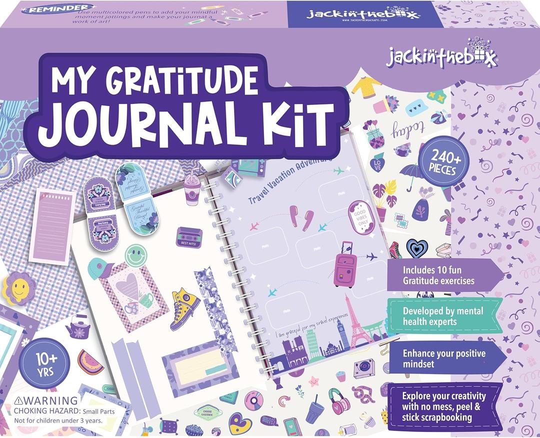 jackinthebox Gratitude Journal Kit for Girls Ages 8-12, 242 pcs, Scrapbooking Journal Set for Teen & Tween Girls,10 Fun Gratitude Exercises, Journal Art & Craft Kit, Ideal Gift for Girls 8 9 10 11 12 (Purple)