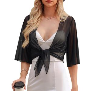 Totatuit Womens Sheer Shrug Tie Front Bell Sleeve Summer Cropped Bolero Cardigan (Small, Black)