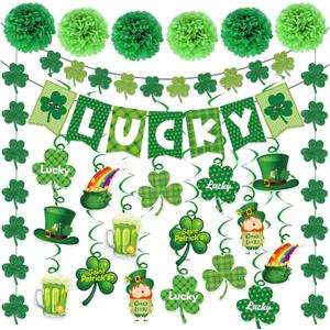 St. Patrick's Day Decorations Kit, Lucky Banner, Glitter Garlands, Pom Poms & Hanging Swirls, Shamrock Party Decor for Home Party