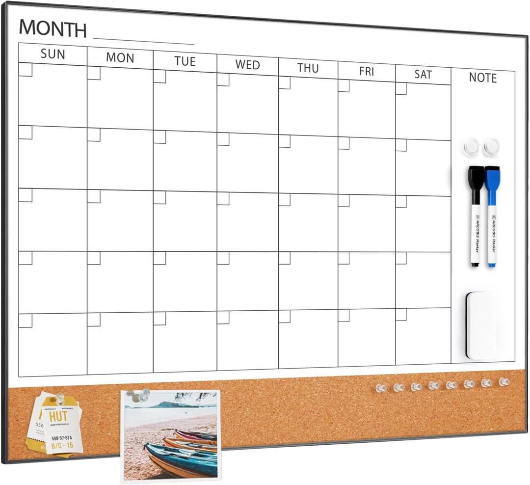 ARCOBIS Dry Erase Calendar with Cork Board for Wall, 24"x 18" Magnetic Calendar Whiteboard with Black Frame, Monthly Combination Board for School, Home, Office