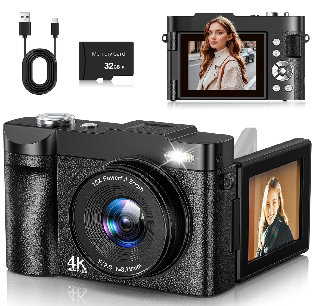 ANVOSCI 4K Digital Camera 50MP Autofocus Vlogging Camera for YouTube with 2.8" 180° Flip Screen, 16X Digital Zoom Camera with 32GB Card for Beginner Boys Girls