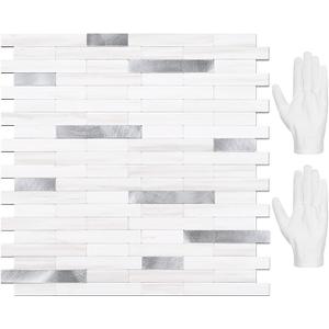 STICKGOO Peel and Stick Backsplash Tile, Stick on Backsplash for Kitchen and Bathroom, Dolomite White Marble Look PVC Mixed Metal Silver Self Adhesive Wall Tiles(10 Sheets) (Dolomite White Marble Mixed Metal Silver)