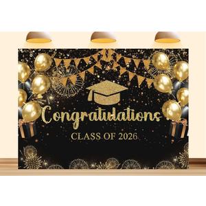 Class of 2026 Graduation Backdrop, Black and Gold Congratulations Party Background, Grad Prom Celebration Balloons and Streamers Decorations Banner Photo Booth Props 7X5ft Fabric